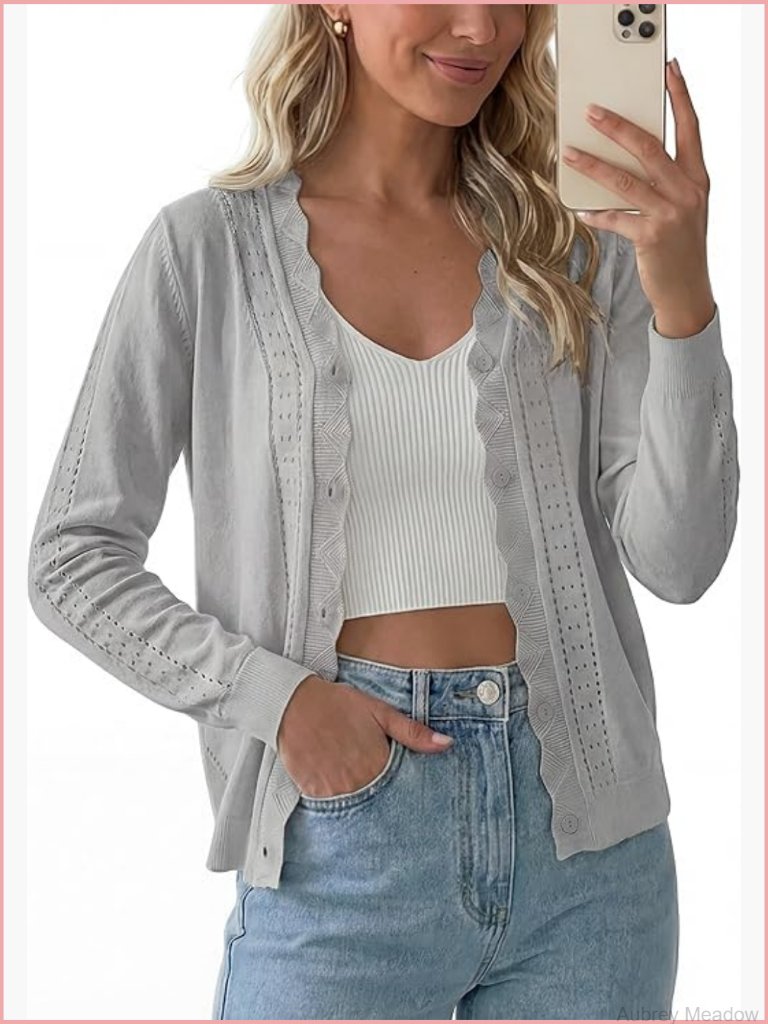 Long Sleeve V-Neck Button Down Cardigan Open Front Lightweight Knit